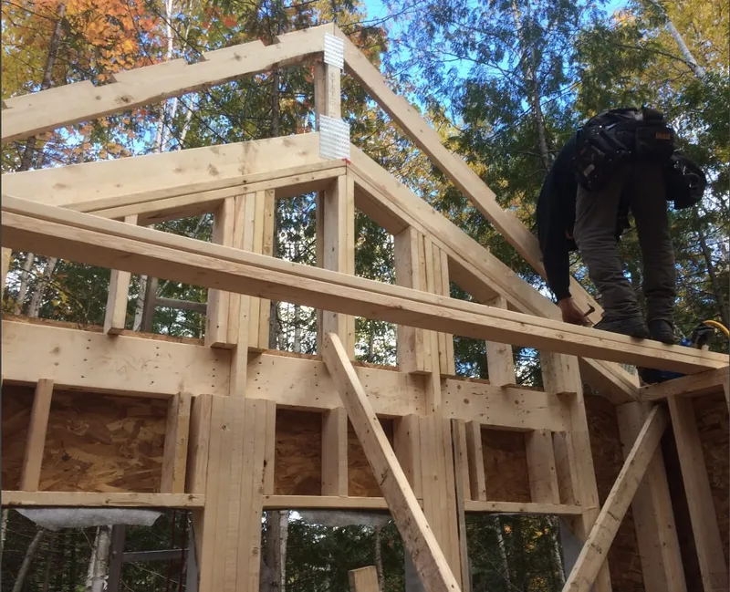 A worker in a harness on a tall framed wall, trees behind.